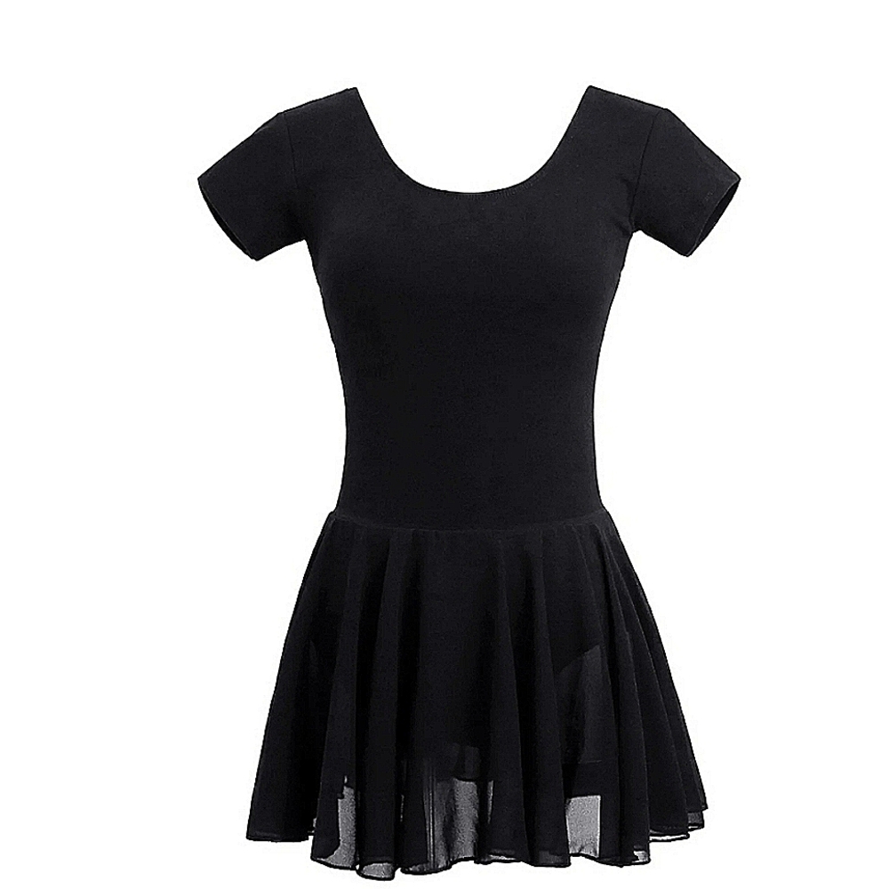 Daydance Shrt Sleeve Cotton Black Ballet Leotards for Women, Skirted Dance SizeM